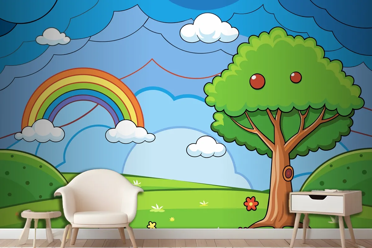 Eine Farbenfrohe Illustration Eines Regenbogens Mit Einem Baum Und Einem Regenbogen Im FototapetenWandbild