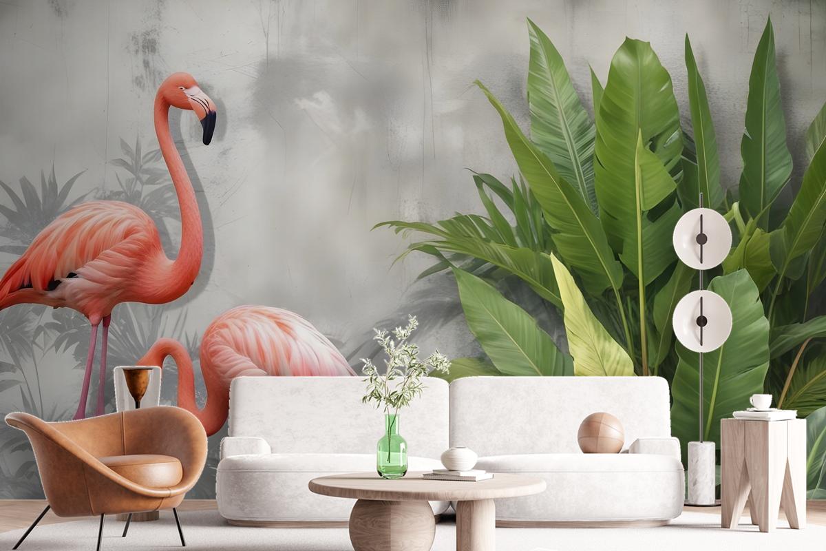 Fototapete Rosa Flamingo Mit Tropischen Blättern Im 3DLook