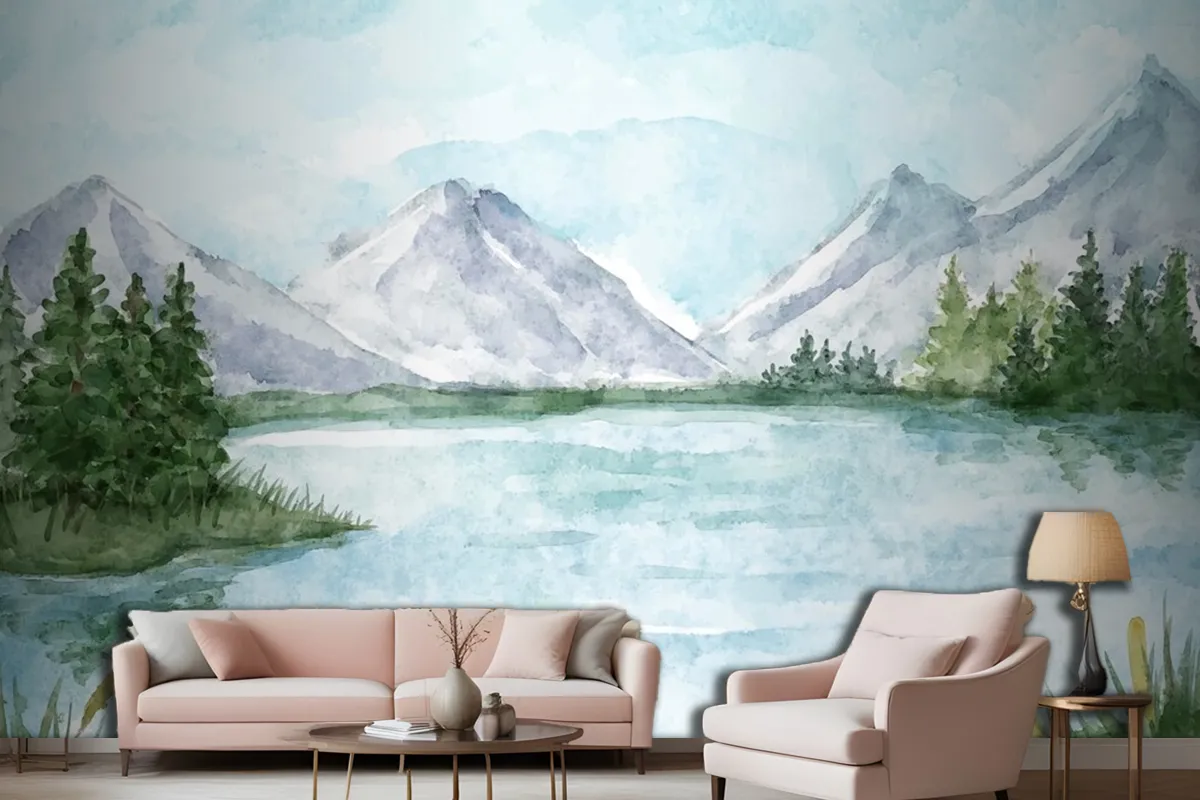 Fototapete Seelandschaft In Aquarell Für Wohnzimmer