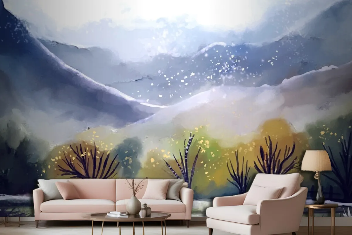 Fototapete Berglandschaft In Aquarell Fürs Wohnzimmer