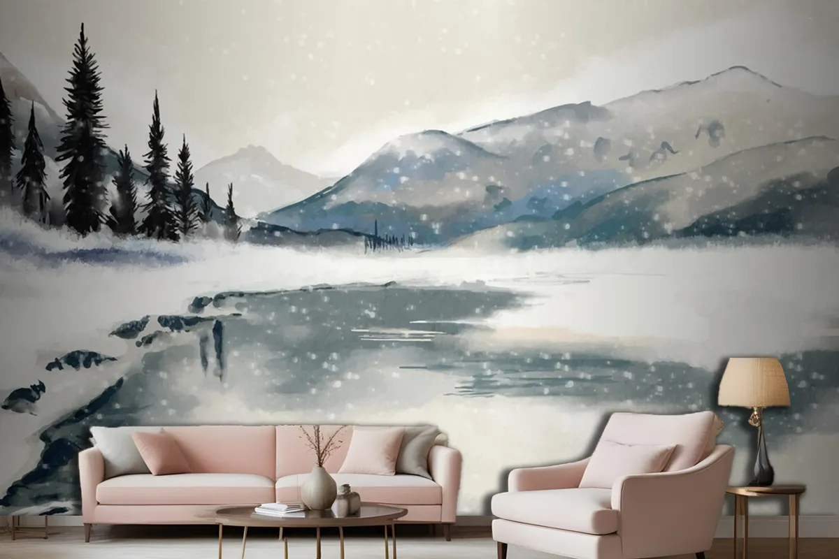 Fototapete Winterlandschaft Aquarell Fürs Wohnzimmer