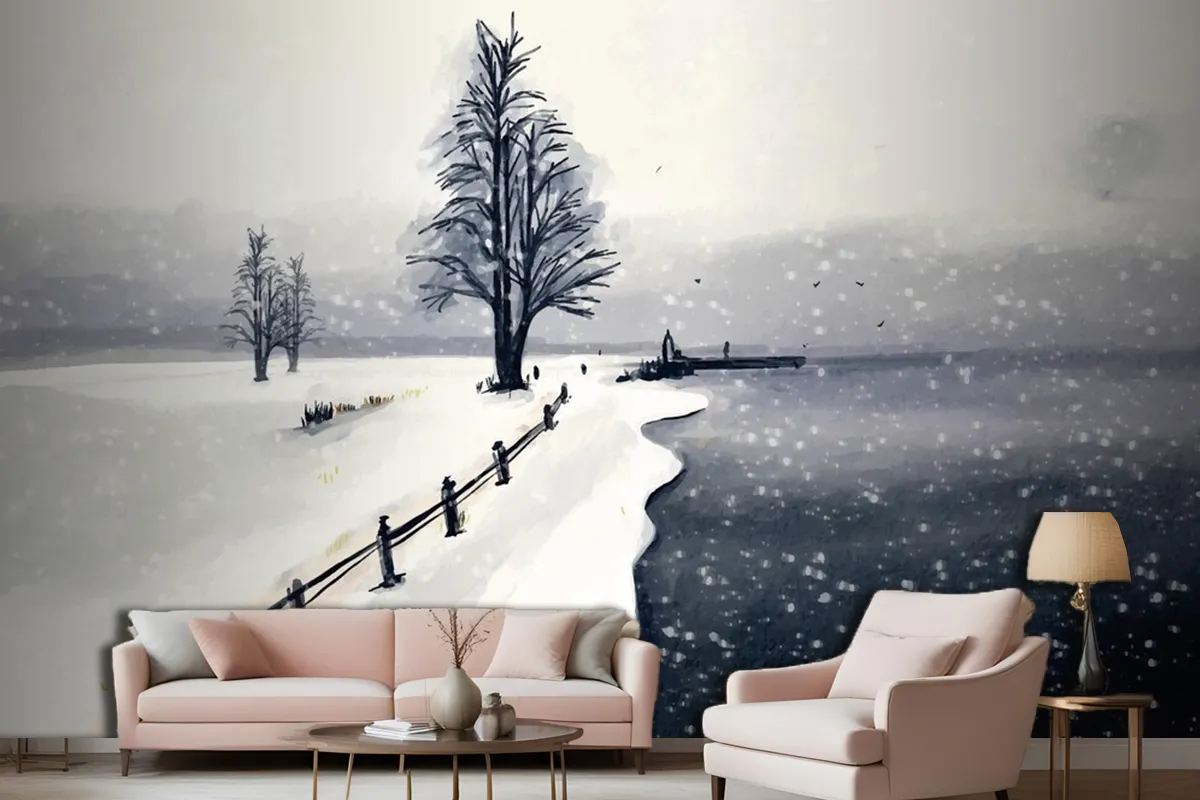 Fototapete Winterlandschaft In Aquarell