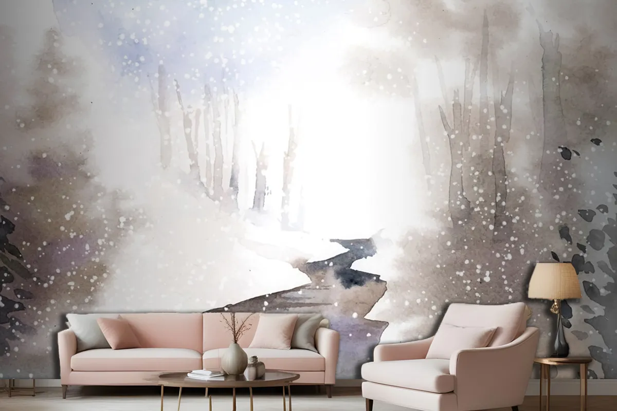 Fototapete Winterwunderlandlandschaft Gemalt Mit Wasserfarben Für Das Wohnzimmer