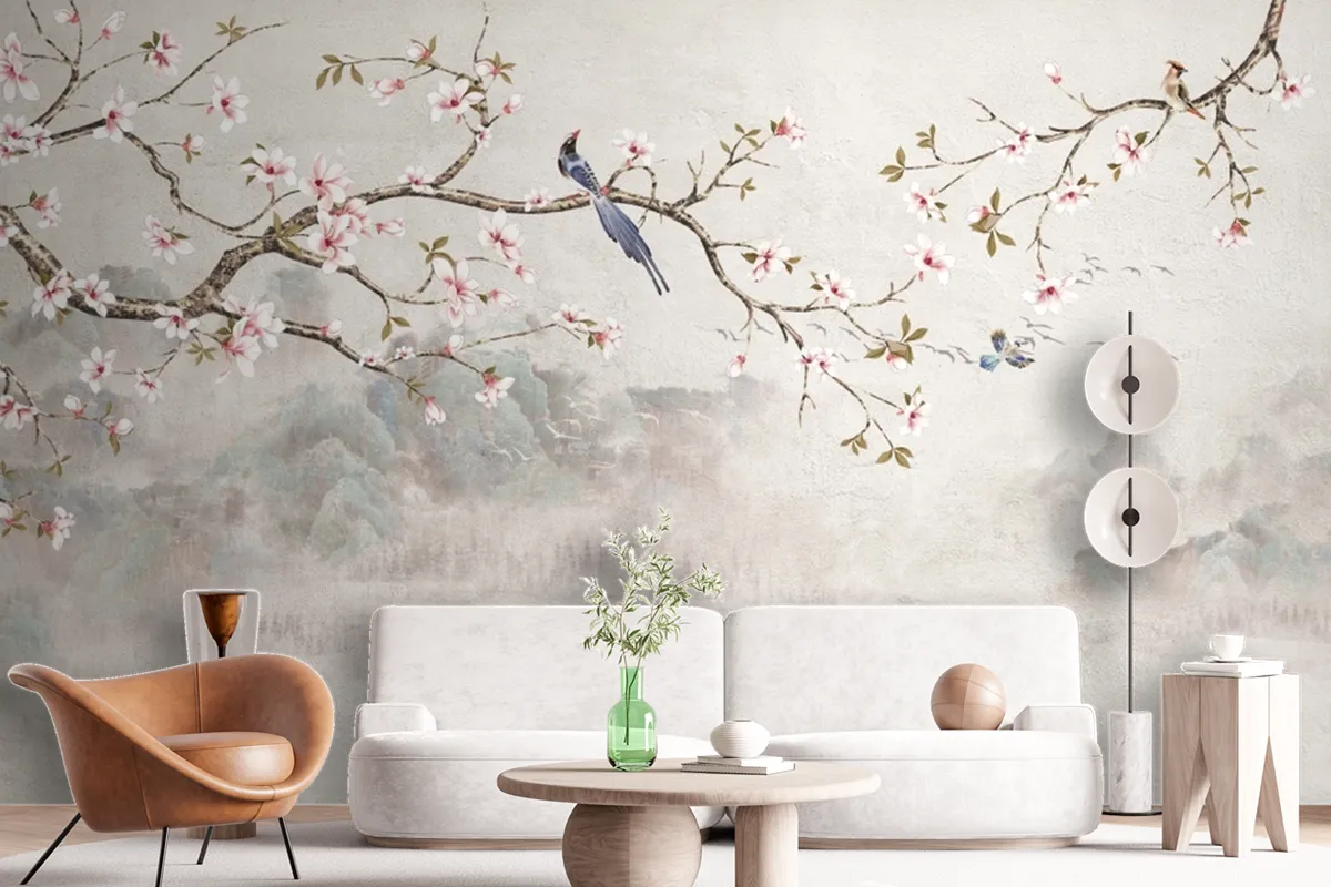 Fototapete Chinoiserie Mit Kirschblüten Und Vögeln