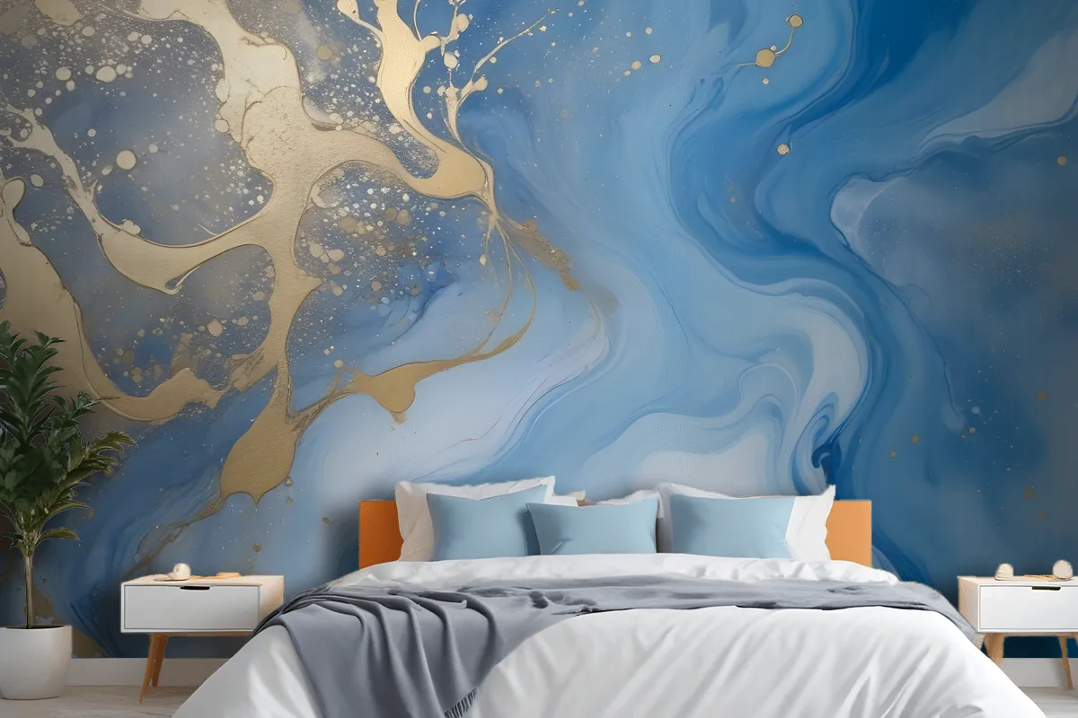 Fototapete Abstrakte Fluid Art Malerei Blau Und Gold Fürs Schlafzimmer