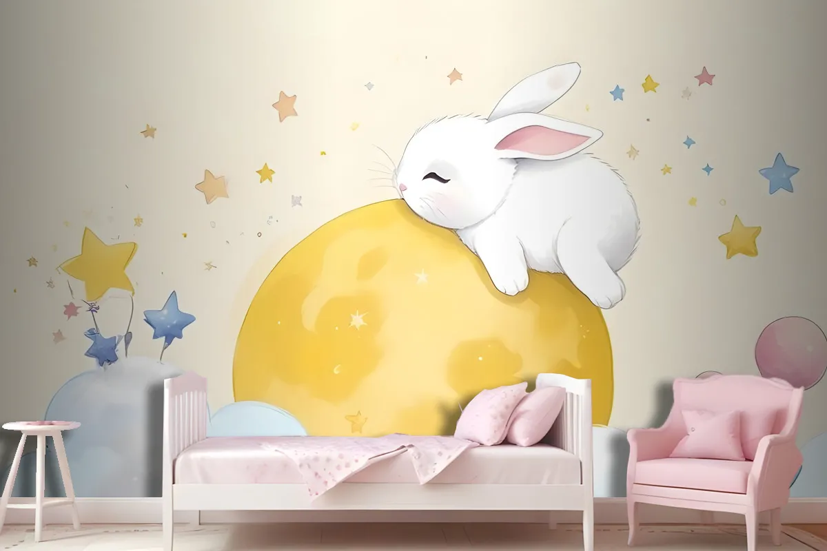 Baby Cartoon Hase und Gelber Mond Tapetenbild