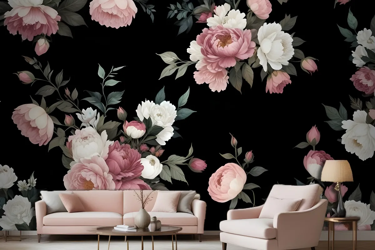 Dunkler Hintergrund Große Rosa Weiße Rosen Pfingstrosen Andere Blumen Fototapete