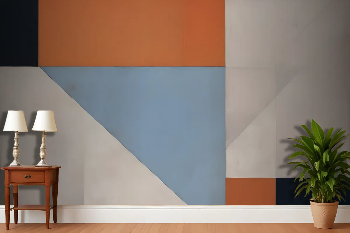 Fototapete Geometrische Abstrakte Komposition Mit Verschiedenen Formen Und Farben Einschließlich Orange Blau Und Grau