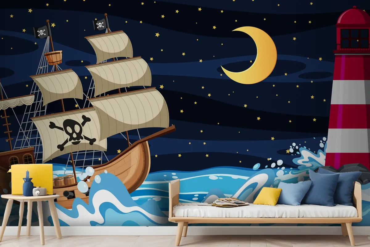 Fototapete Meeresszene Bei Nacht Mit Piratenschiff Im CartoonStil