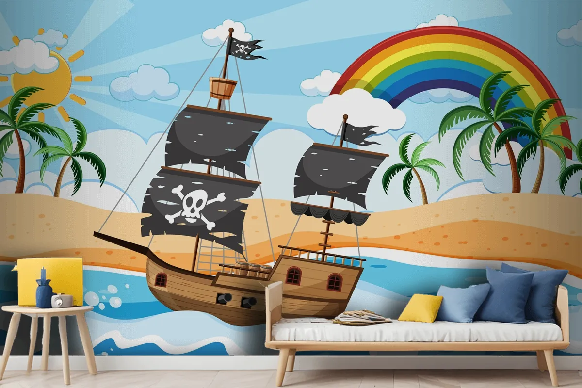 Fototapete Ozean Mit Piratenschiff Bei Tag Szene Im Cartoon Stil