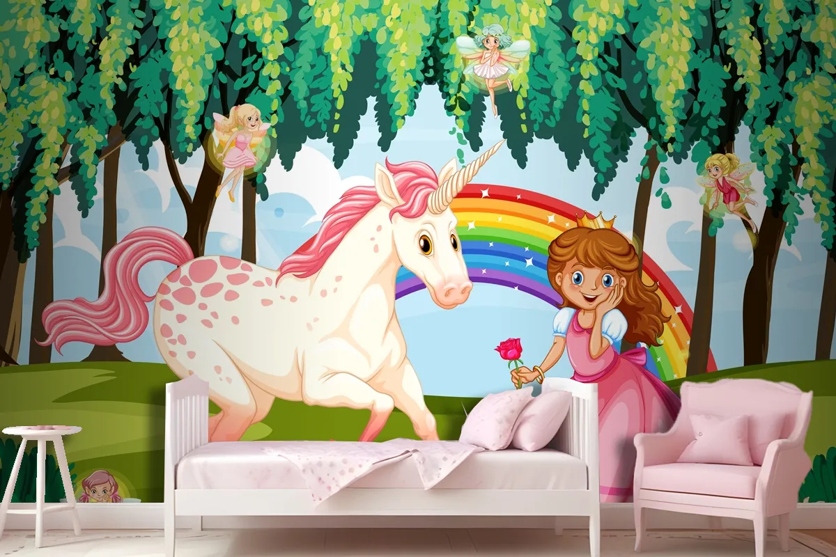 Fototapete Prinzessin Und Einhorn Im Zauberwald