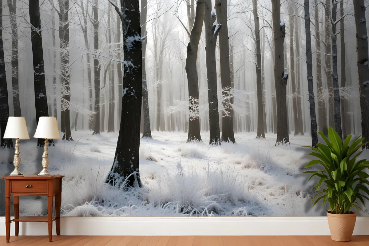 Fototapete Verschneiter Wald Mit Hohen Kahlen Bäumen Und Einer Frostschicht Auf Dem Boden