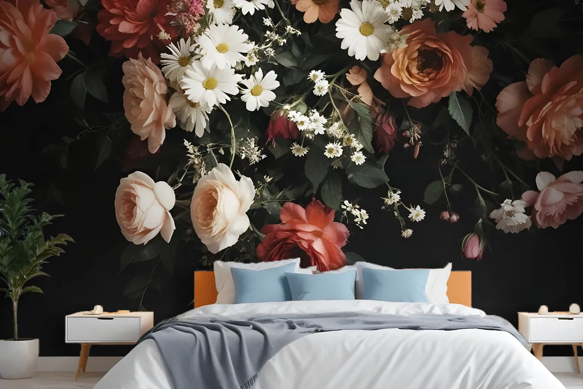 Fototapete Ein Strauß Lebendiger Blumen Fürs Schlafzimmer Im VintageStil