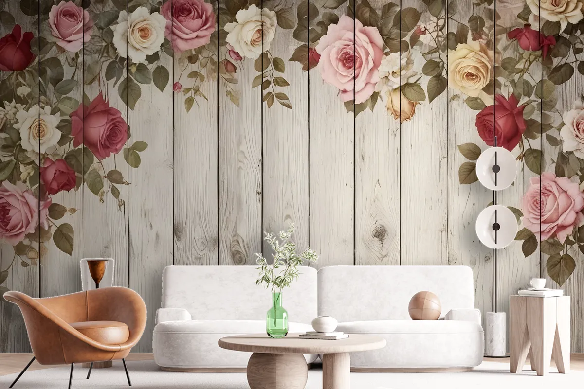 Fototapete Vintage Blumen Mit Holz