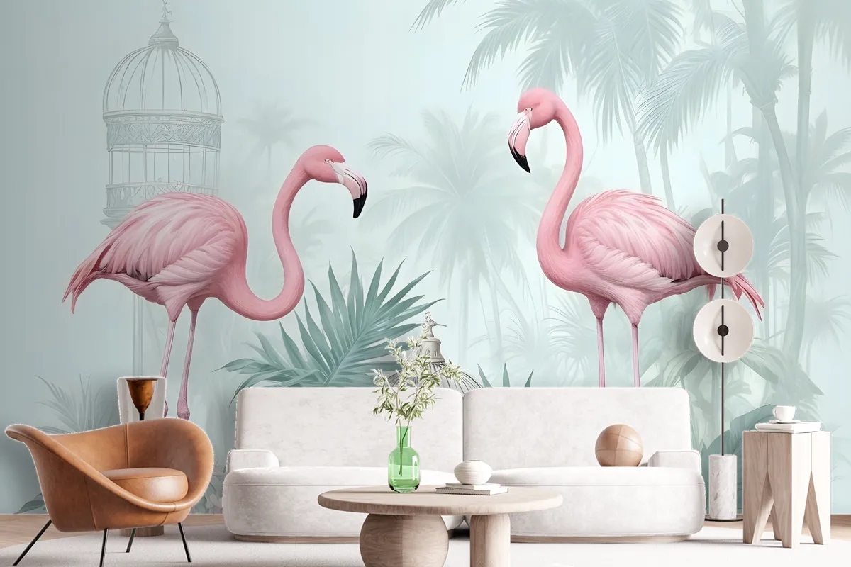 Fototapete VintageFlamingo In Rosa Mit Tropischen Blättern