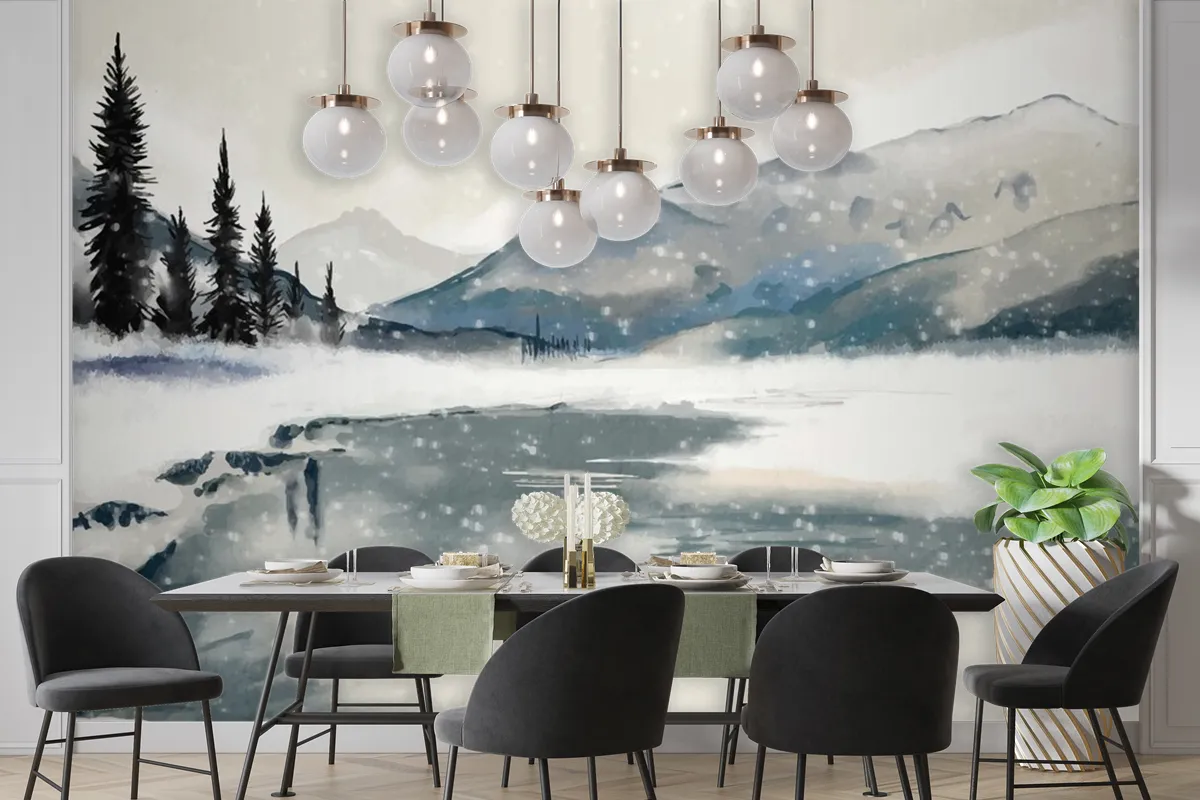 Fototapete Winterlandschaft Im AquarellStil Fürs Esszimmer