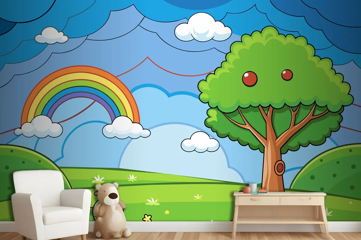 Eine Farbenfrohe Illustration Eines Regenbogens Mit Einem Baum Und Einem Regenbogen Im FototapetenWandbild