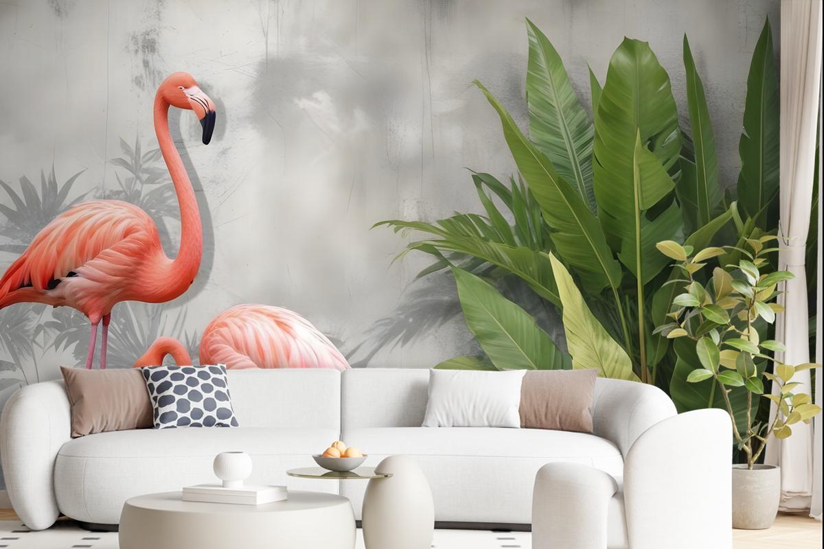 Fototapete Rosa Flamingo Mit Tropischen Blättern Im 3DLook