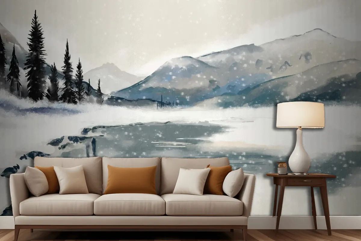 Fototapete Winterlandschaft Aquarell Fürs Wohnzimmer