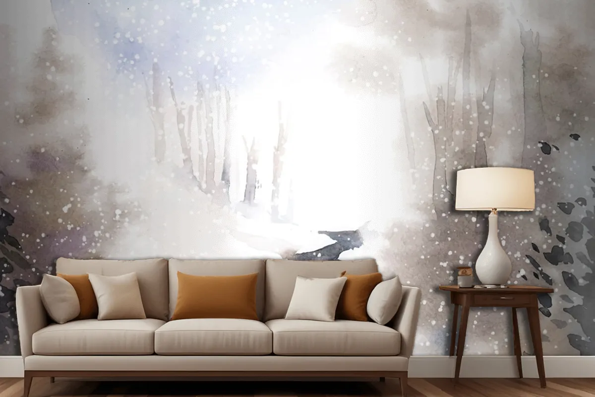 Fototapete Winterwunderlandlandschaft Gemalt Mit Wasserfarben Für Das Wohnzimmer