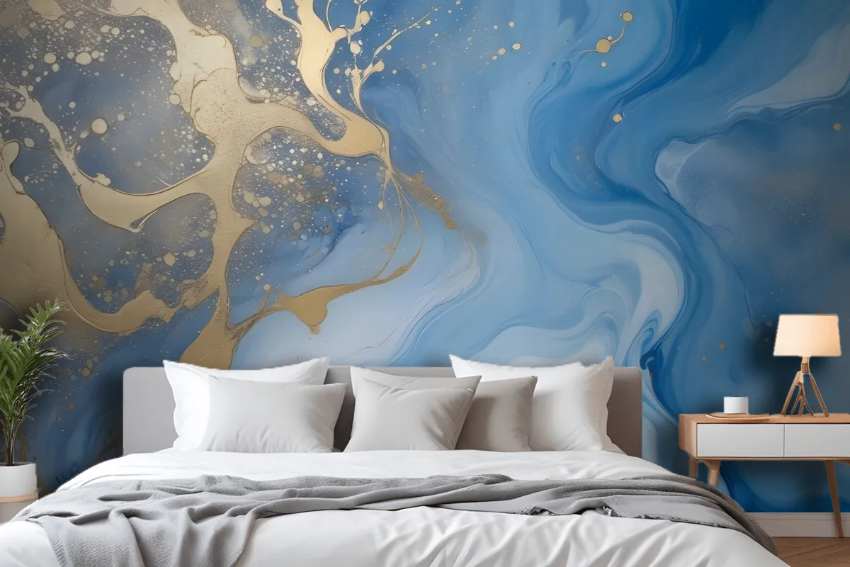 Fototapete Abstrakte Fluid Art Malerei Blau Und Gold Fürs Schlafzimmer