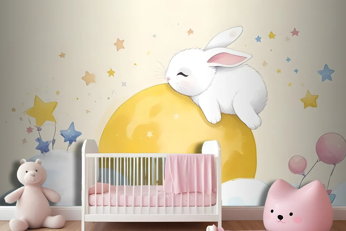 Baby Cartoon Hase und Gelber Mond Tapetenbild