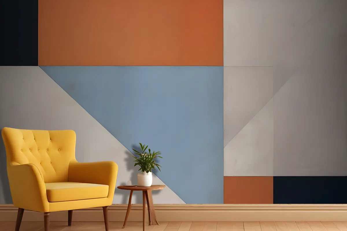 Fototapete Geometrische Abstrakte Komposition Mit Verschiedenen Formen Und Farben Einschließlich Orange Blau Und Grau