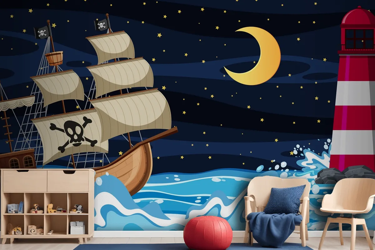 Fototapete Meeresszene Bei Nacht Mit Piratenschiff Im CartoonStil