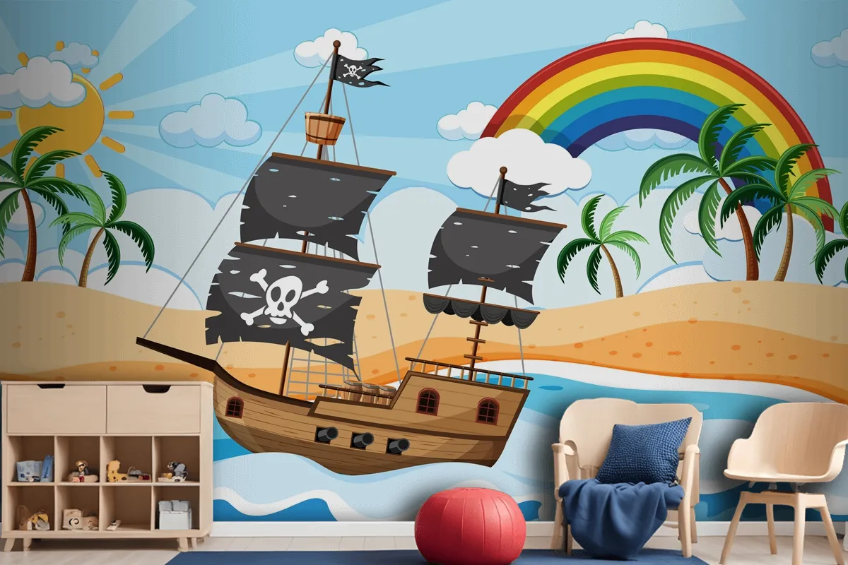 Fototapete Ozean Mit Piratenschiff Bei Tag Szene Im Cartoon Stil