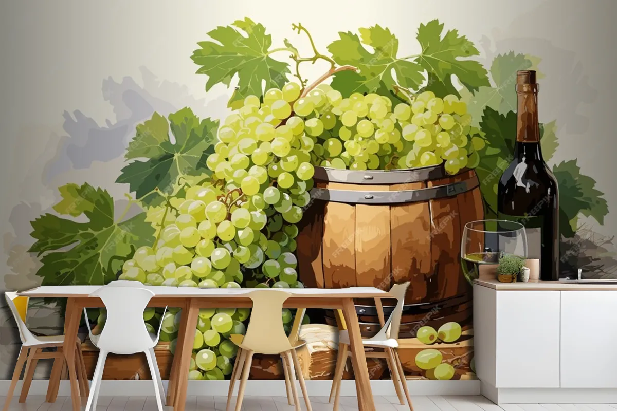 Fototapete Stillleben Mit Einer Flasche Weißwein Einem Glas Wein Und Trauben Auf Einem Tisch In Den Weinbergen