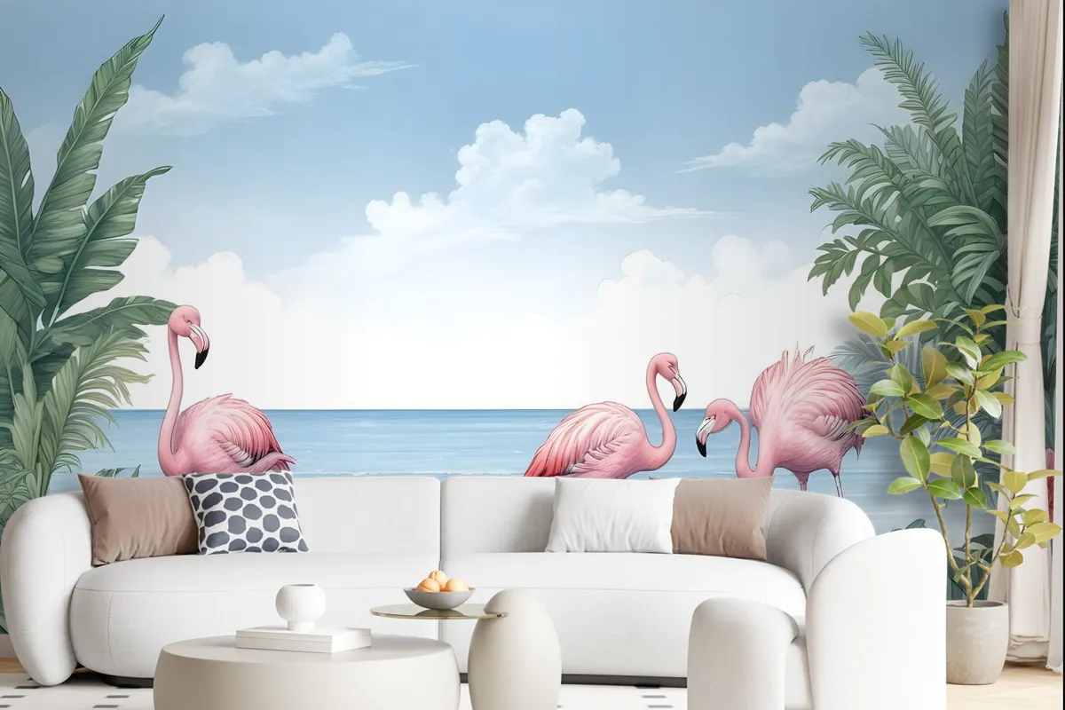 Fototapete Tropische Landschaft Mit Flamingos