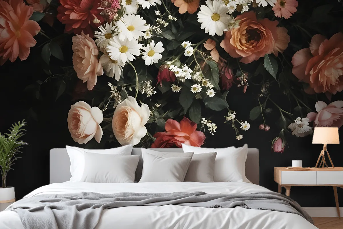 Fototapete Ein Strauß Lebendiger Blumen Fürs Schlafzimmer Im VintageStil