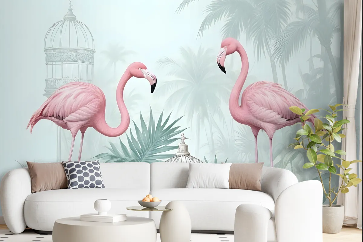 Fototapete VintageFlamingo In Rosa Mit Tropischen Blättern