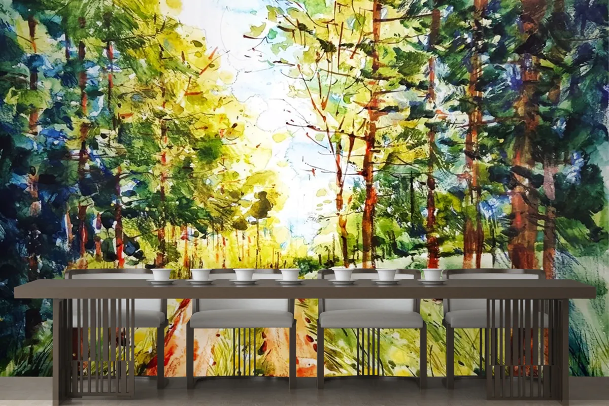 Fototapete Waldlandschaft In Aquarell