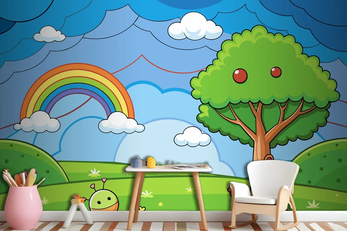 Eine Farbenfrohe Illustration Eines Regenbogens Mit Einem Baum Und Einem Regenbogen Im FototapetenWandbild