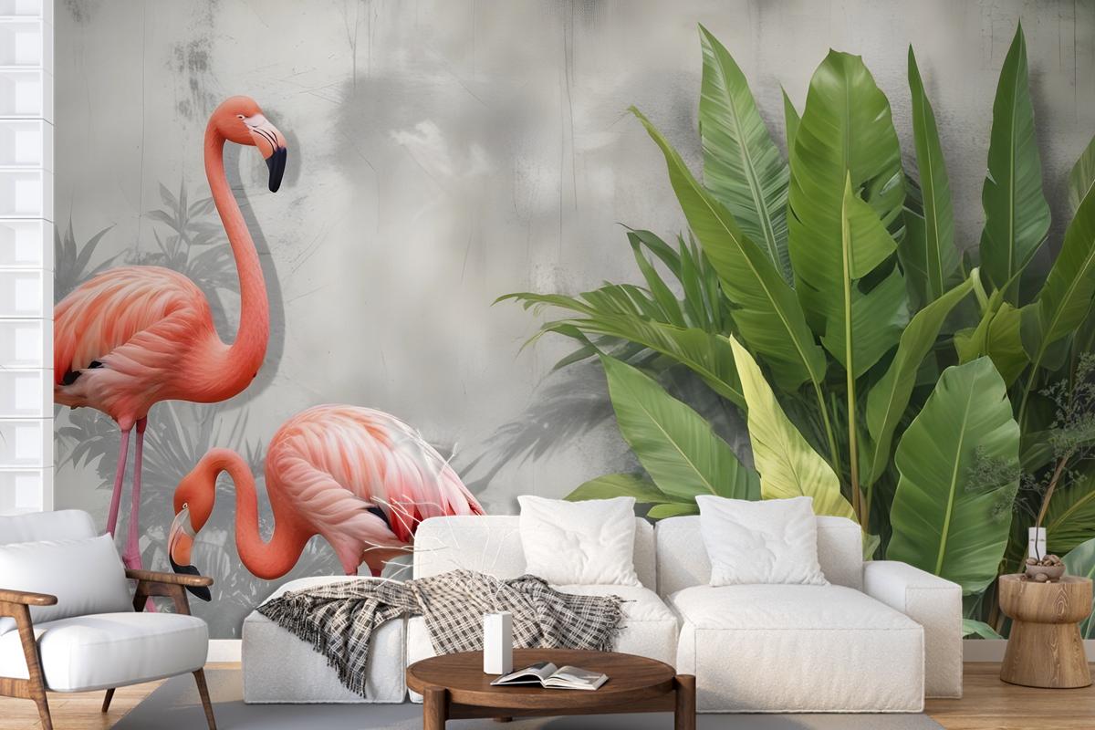 Fototapete Rosa Flamingo Mit Tropischen Blättern Im 3DLook