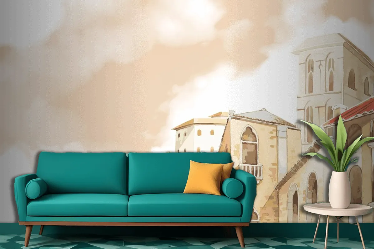 Fototapete Mediterrane Stadtgebäudeaußenseite Im Aquarellstil Für Wohnzimmer