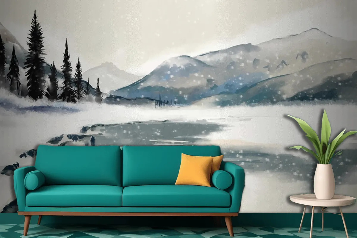 Fototapete Winterlandschaft Aquarell Fürs Wohnzimmer