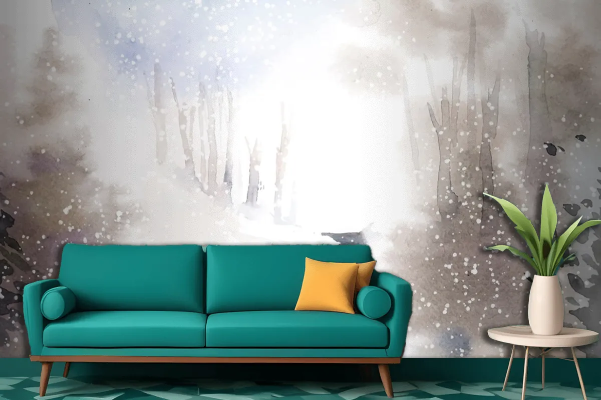 Fototapete Winterwunderlandlandschaft Gemalt Mit Wasserfarben Für Das Wohnzimmer