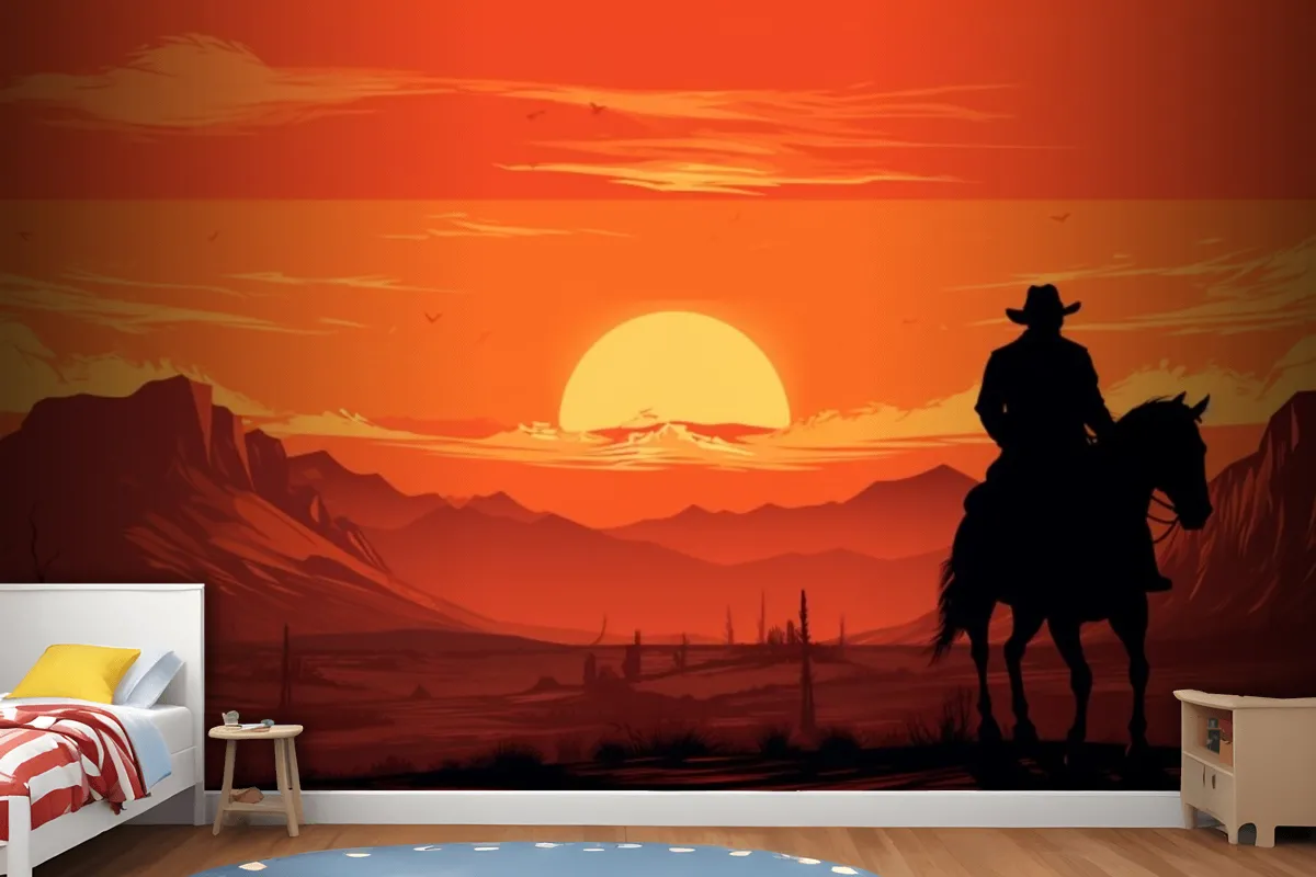 Fototapete Gemälde Eines Cowboys Der Vor Einem Sonnenuntergang Auf Einem Pferd Reitet