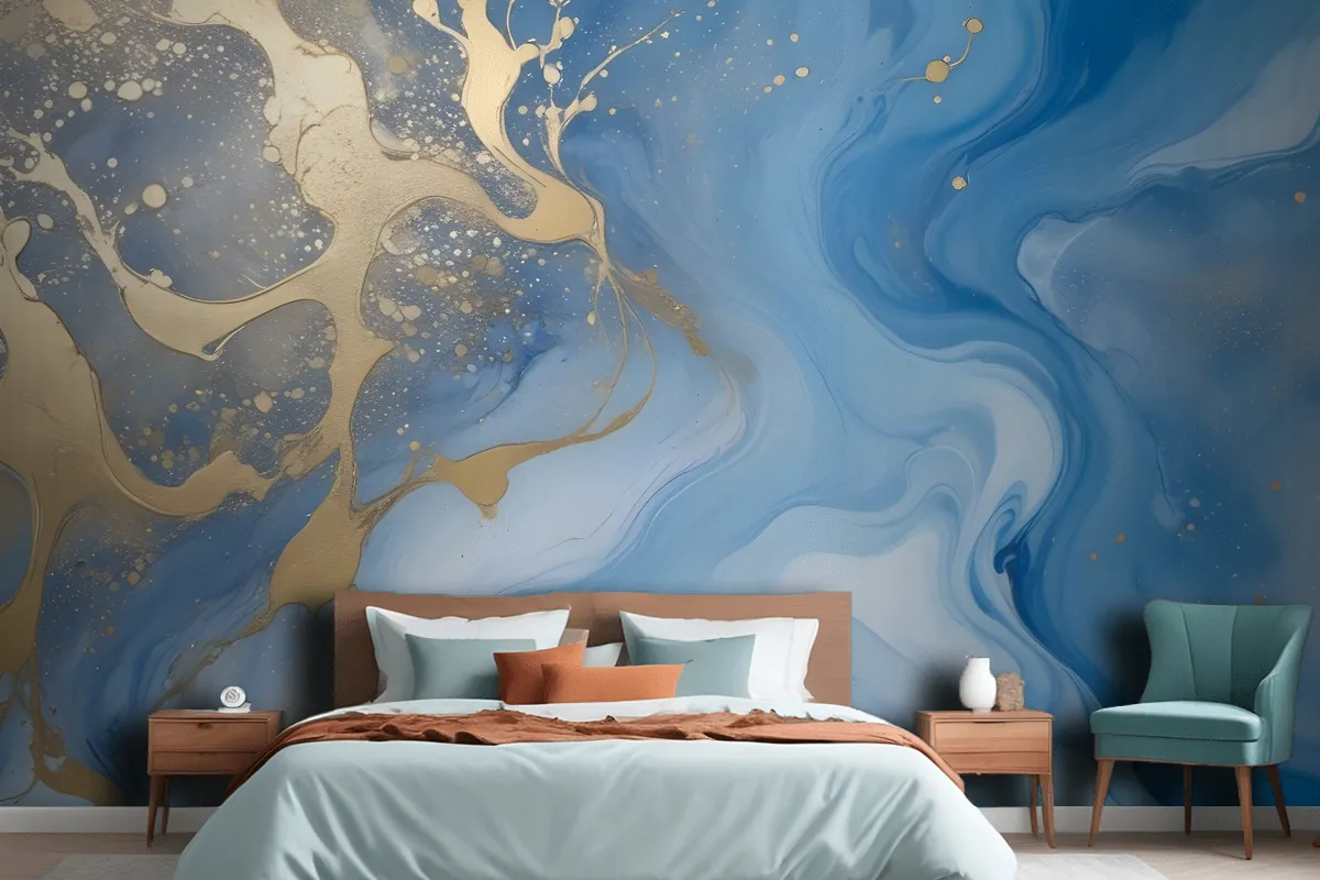 Fototapete Abstrakte Fluid Art Malerei Blau Und Gold Fürs Schlafzimmer