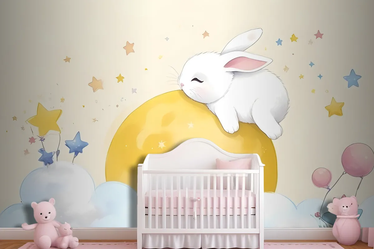 Baby Cartoon Hase und Gelber Mond Tapetenbild