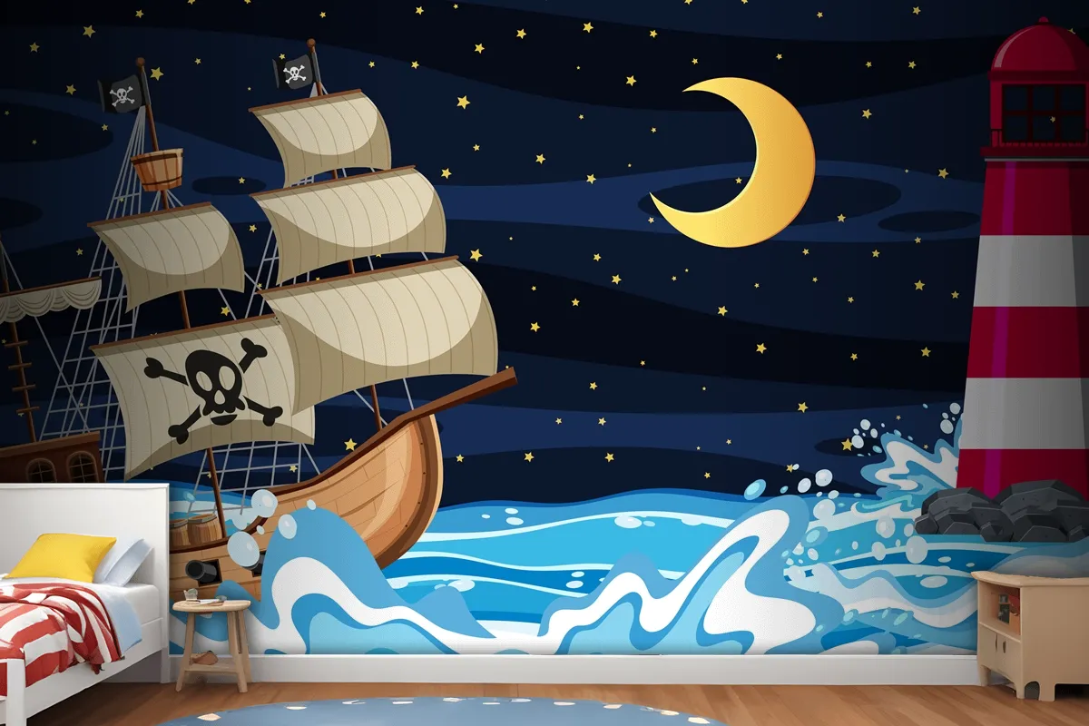 Fototapete Meeresszene Bei Nacht Mit Piratenschiff Im CartoonStil