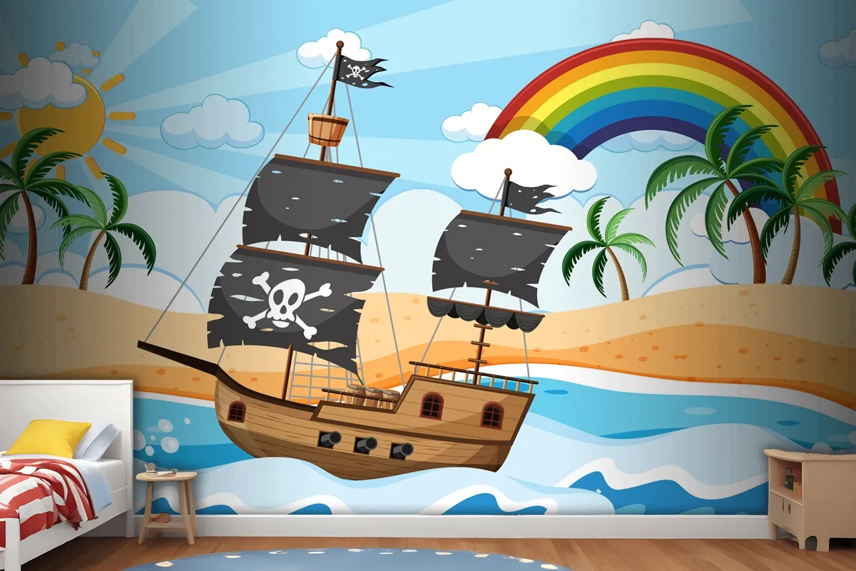 Fototapete Ozean Mit Piratenschiff Bei Tag Szene Im Cartoon Stil