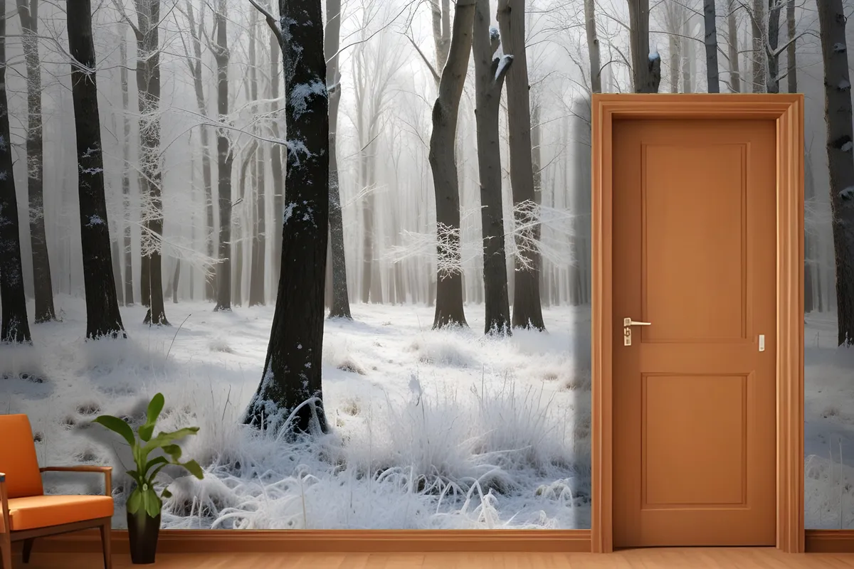 Fototapete Verschneiter Wald Mit Hohen Kahlen Bäumen Und Einer Frostschicht Auf Dem Boden