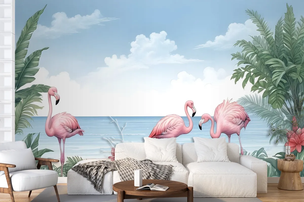 Fototapete Tropische Landschaft Mit Flamingos