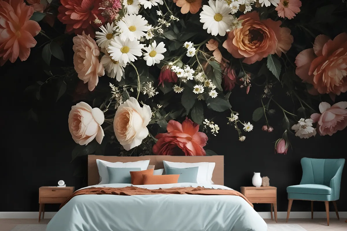 Fototapete Ein Strauß Lebendiger Blumen Fürs Schlafzimmer Im VintageStil