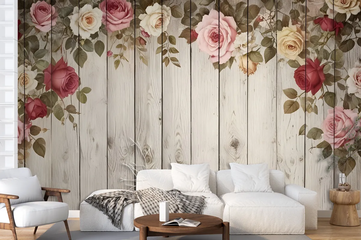 Fototapete Vintage Blumen Mit Holz