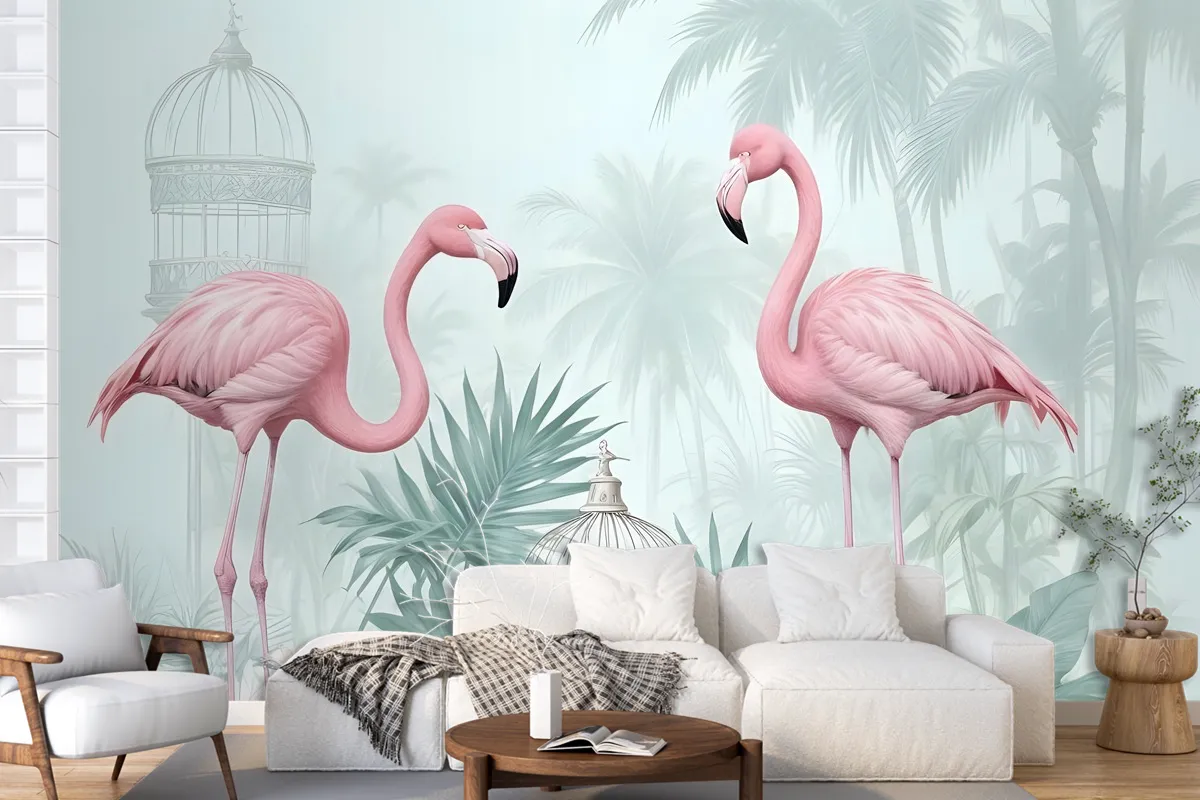 Fototapete VintageFlamingo In Rosa Mit Tropischen Blättern