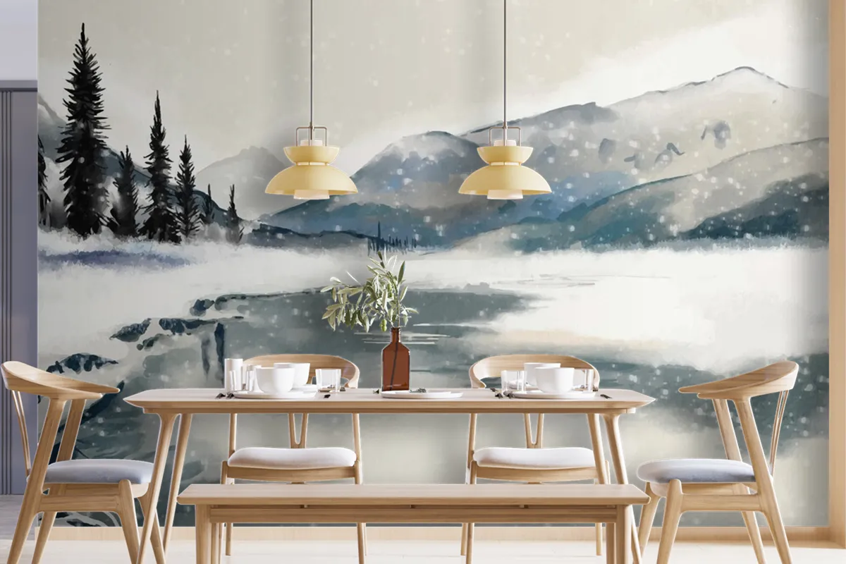 Fototapete Winterlandschaft Im AquarellStil Fürs Esszimmer